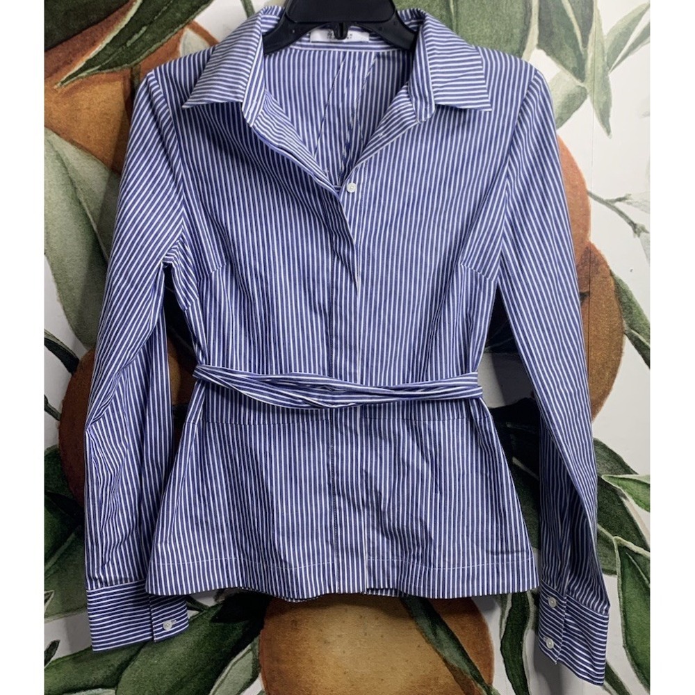 Derek Lam 10 Crosby Small Blue Striped Button Front Tie Waist Long Sleeve Shirt